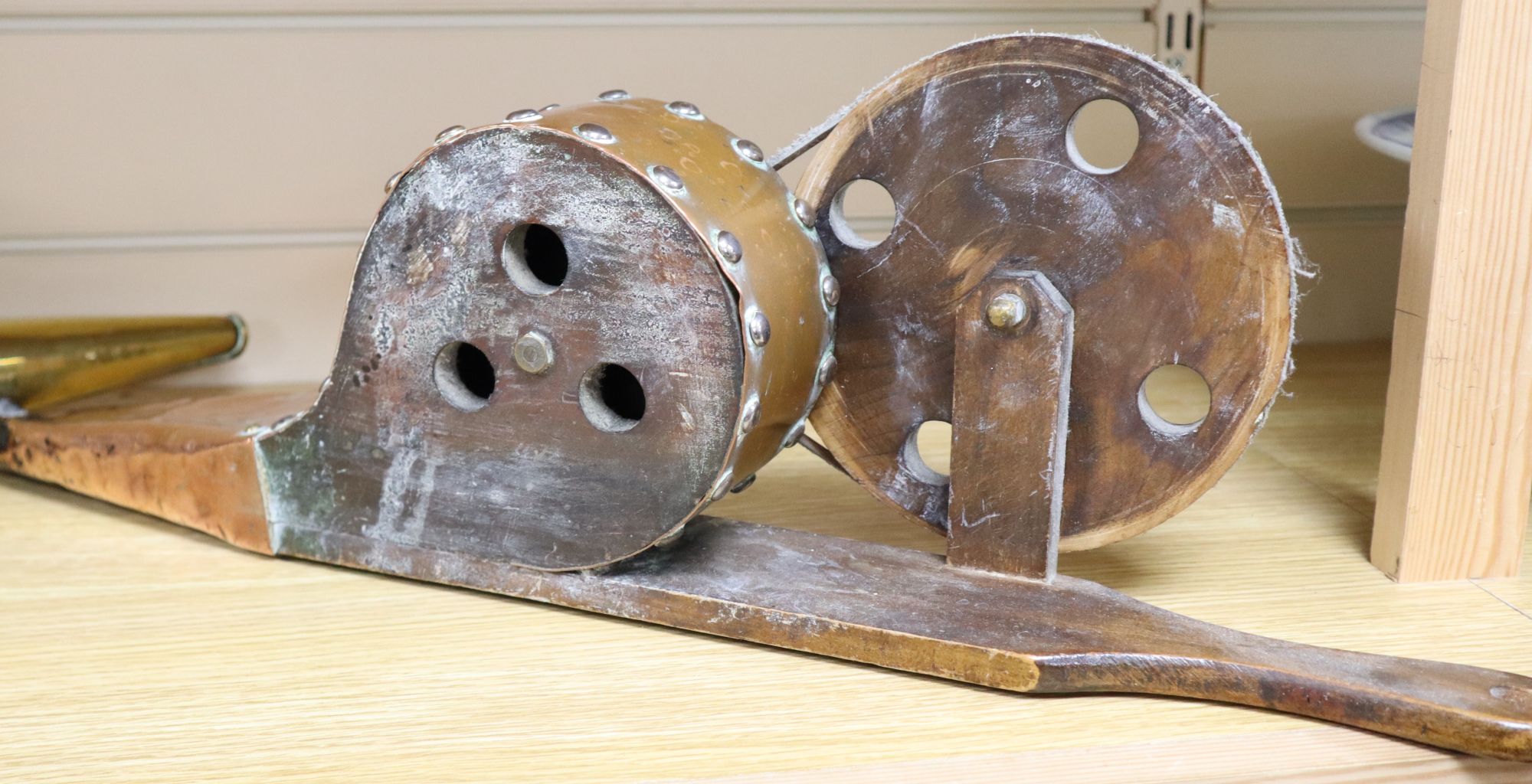 Two 19th century brass mechanical wheel bellows, length 70cm